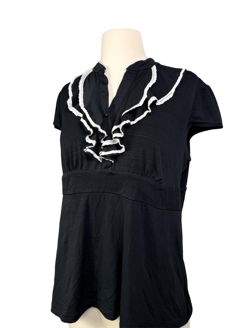 JTB Coquette Black Ruffle Top White Trim Babydoll Blouse